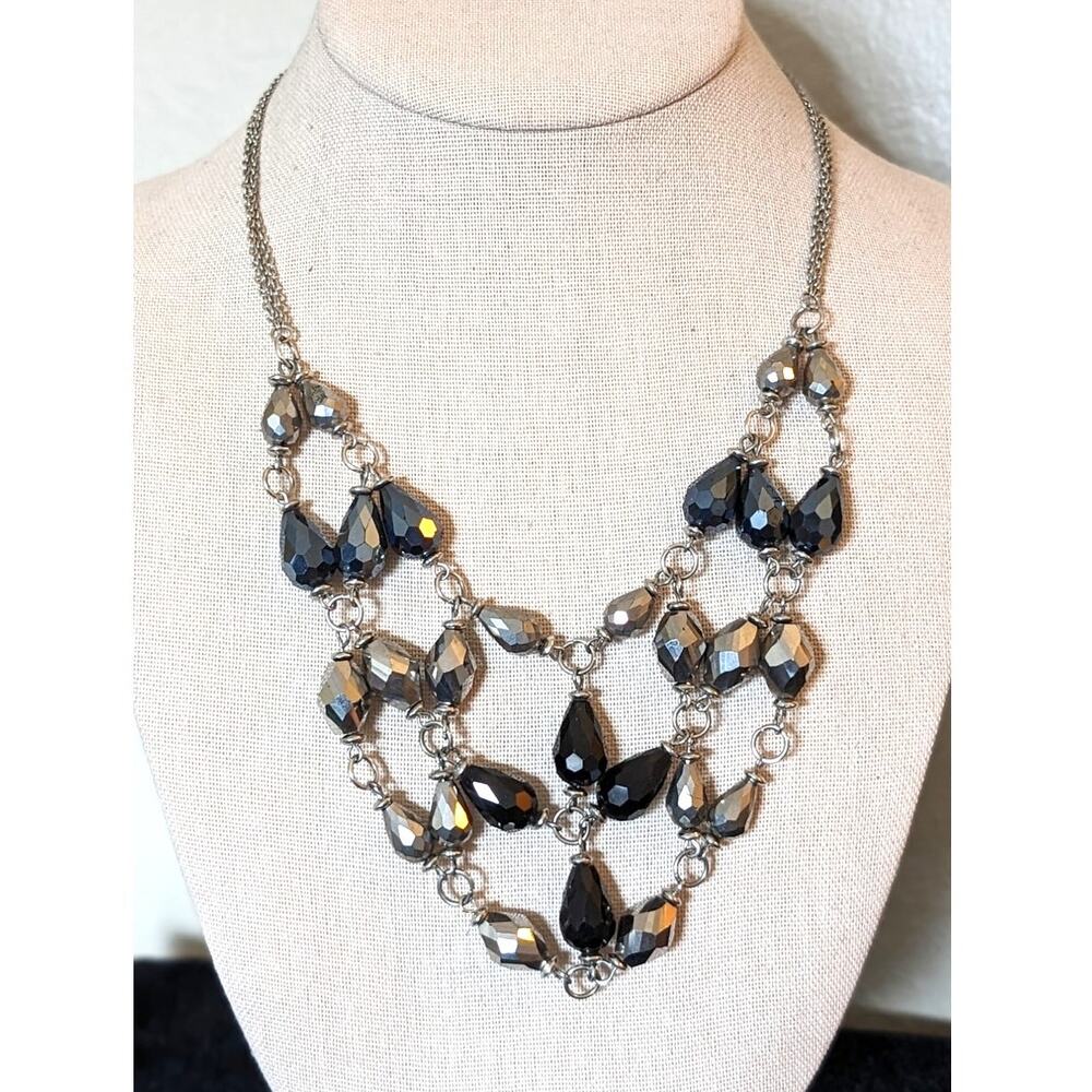 Silver & Black Metallic Crystal Web Beaded Silvertone Chain Statement Necklace